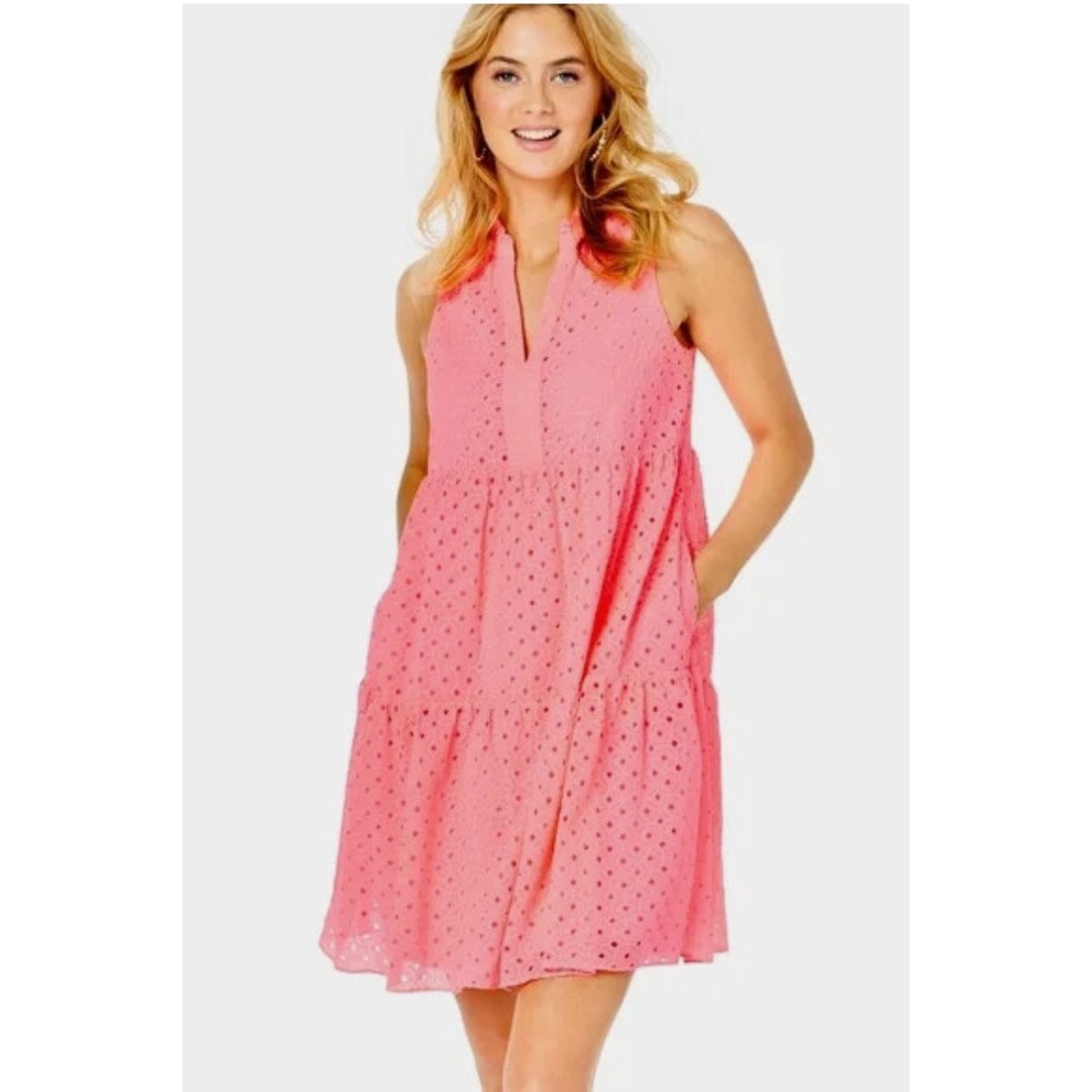 Lilly Pulitzer Coral Novella Eyelet Tiered Dress Womens Size Large